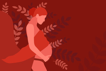 Obraz na płótnie Canvas Silhouette off a pregnant woman who lovingly holds her belly on a floral background with place for your design
