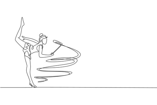 single line gymnast with ribbon, action pose clip art preview