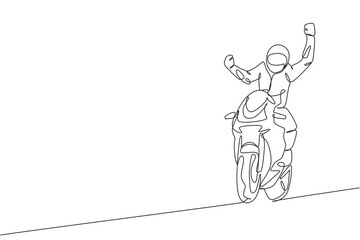 One single line drawing of young moto biker celebrate winning with raising his hands vector illustration. Superbike racing concept. Modern continuous line draw design for motor racer event banner