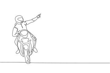Single continuous line drawing of young superbike racer pointing finger to the spectators. Moto tournament concept. Trendy one line draw design vector illustration for motorbike race promotion media
