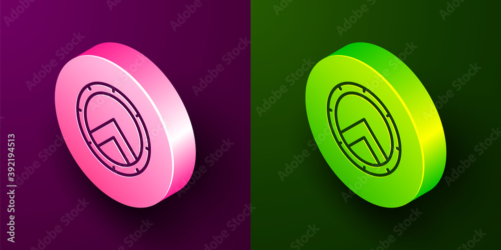 Sticker isometric line greek shield with greek ornament icon isolated on purple and green background. circle