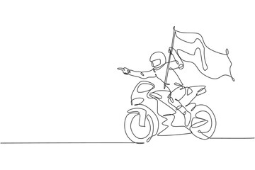 Fototapeta na wymiar Single continuous line drawing of young superbike racer wave a flag to celebrate winning. Race tournament concept. Trendy one line draw design vector illustration for motorbike race promotion media
