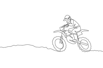 Naklejka na ściany i meble One single line drawing of young motocross rider conquer track obstacles at race track vector illustration. Extreme sport concept. Modern continuous line draw design for motocross race event banner