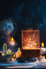 Magical box with stardust inside, witch workplace with candles, Moon glove