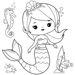 Beautiful mermaid and sea animals. Vector black and white coloring page