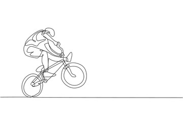 Fototapeta na wymiar One single line drawing of young bmx bicycle rider performing freestyle trick on street vector illustration. Extreme sport concept. Modern continuous line draw design for freestyle competition banner
