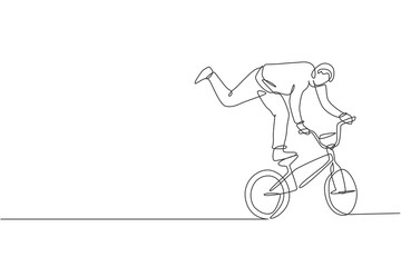 One single line drawing of young bmx bicycle rider performing freestyle trick on street vector illustration. Extreme sport concept. Modern continuous line draw design for freestyle competition banner