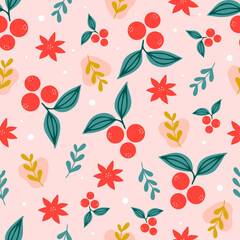 Christmas seamless pattern on pink background with Poinsettia flowers, pine branches and berries. background