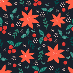 Christmas seamless pattern on pink background with Poinsettia flowers, pine branches and berries. background