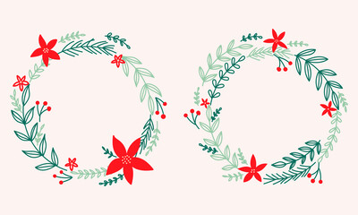 Christmas wreath with Poinsettia and pine tree. Holiday frame.