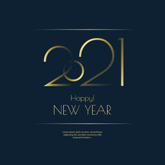 Happy New Year 2021 gold numbers typography greeting card design on dark background. Merry Christmas golden line illustration.