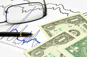 Dollar paper money, glasses, pen, chart. Stock business.