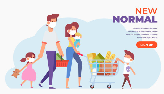 Covid-19. Parents and children wearing protective mask in supermarket. Virus prevention, wearing mask, buy foods and supplies. New Normal Concept. Flat vector cartoon illustration