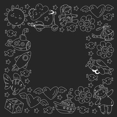 Kindergarten, toys vector pattern. Little children creativity and imagination. Online education, educational games.