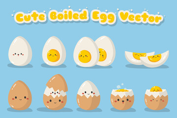 Cute boiled eggs vector set. cute kawaii boiled egg with funny faces.
