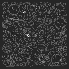 Kindergarten, toys vector pattern. Little children creativity and imagination. Online education, educational games.
