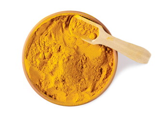 Turmeric powder (Curcuma) in bowl, pot with wooden spoon isolated on white background, top view