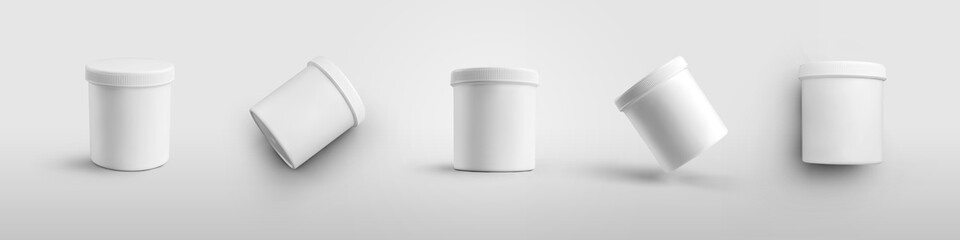 Template of plastic jars for lotion, cream, isolated on background, empty white container for advertising in cosmetology, beauty industry.