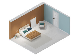 Modern bedroom interior in neo memphis style. Interior in orthogonal projection. View from above. 3D rendering. - 392198145
