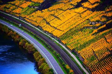 herbstlich gefärbtes Unteres Moseltal im Bereich Winninger Brücke und Dieblich