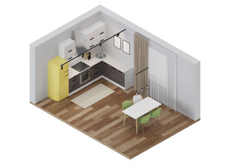 Scandinavian-style corner kitchen with yellow fridge. Interior in orthogonal projection. View from above. 3D rendering.