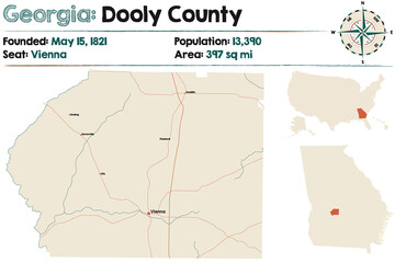 Large and detailed map of Dooly county in Georgia, USA.
