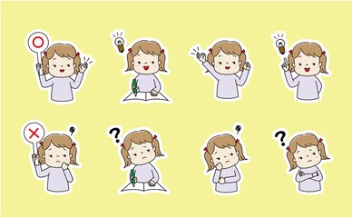 女の子の対照的な表情のセット　白フチ