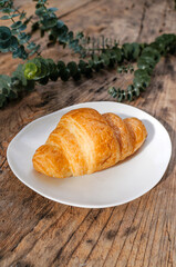 Croissant in white plate on a wooden table