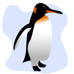 Volumetric illustration. Penguin on a blue background. Black and white penguin with yellow breasts and white eyes. Vector image of an animal.