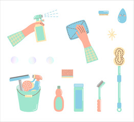 Set of cleaning tools for bathroom     バケツに入った掃除道具セット・掃除道具のイラスト・トイレ掃除・浴室掃除　シャボン玉