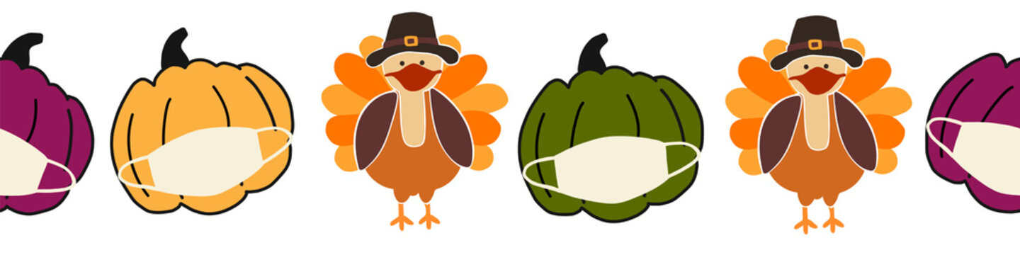 Thanksgiving Turkey and Pumpkins wearing a face mask seamless Vector Border. Coronavirus pattern design. Covid 19 virus autumn art for Holiday 2020 decoration, invitation, greeting cards, face mask