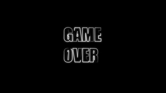 Game over neon letters glowing on a black background screensaver. White neon text close-up 4k video background