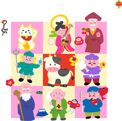 クレヨン画風の七福神と牛の升目　賀詞・添え書き無し