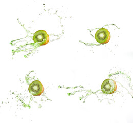 Fototapeta na wymiar Many shapes splash water into the back of kiwifruit on a white background. Real shooting