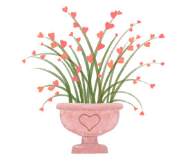 illustration of a vase with plants. a festive bouquet with many hearts instead of flowers, with a heart on a vase. valentine design