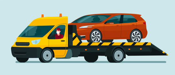 Tow truck with a driver in medical mask carries a hatchback car. Vector flat style illustration.