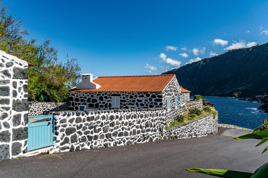 Azores, Sao Jorge Island, traditional house built from lava stones in the Faja do Ouvidor.