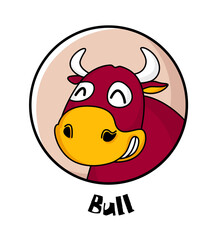 Fun cartoon bull in linear style. Vector contour icon. - 392202526