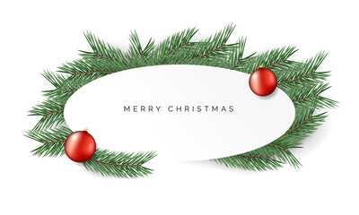 Christmas frame with fir branches and christmas balls. Vector background with christmas decoration.