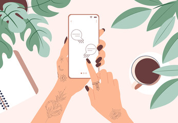 Human hands in a tattoo hold smartphone while sitting in modern hipster cafe at the table. Vector illustration