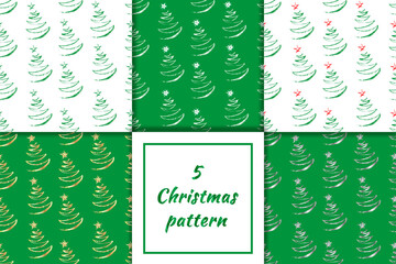 Set of 5 festive Christmas patterns. Christmas trees in green, white, gold and silver shades. It will decorate any item from gift wrapping to interior items.