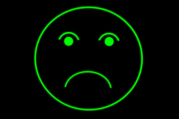 Sad smiley or face in neon outline with green glow on black background showing negative emotions
