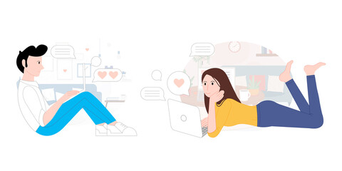 Man and girl chat in laptop vector illustration cartoon flat design modern style 