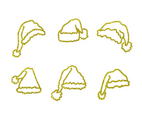 Vector Santa Hats Set, Golden Color, Illustrations Isolated on White Background, Clip Art Hat, Holiday Signs.