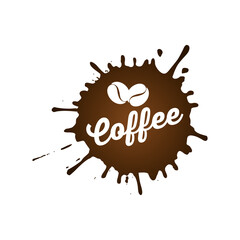 Logotipo con tipografía Coffee con granos de café en salpicadura de líquido en color marrón