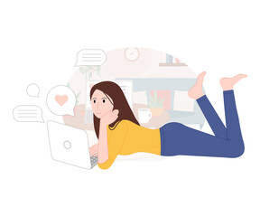 Girl in laptop texting vector illustration cartoon flat design modern style 