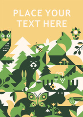 Animals in forest - abstract vector banner, cover, graphic print. Geometry pattern.