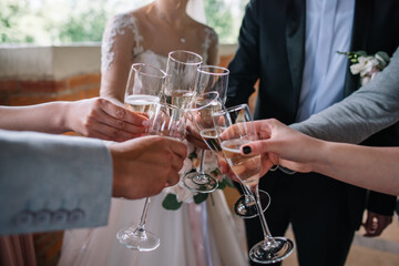 guest, bride and groom clanging glasses at wedding party