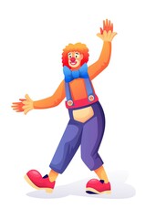 Clown show at amusement park. Holiday and vacation recreation vector illustration. Young funny man working in costume of happy smiling clown isolated on white background