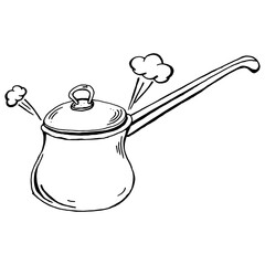 Soup pot. Vector illustration of a pot of porridge. Hand drawn kitchen pot. Pan with steaming food.